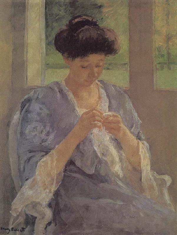 Mary Cassatt lady is sewing in front of the window oil painting image